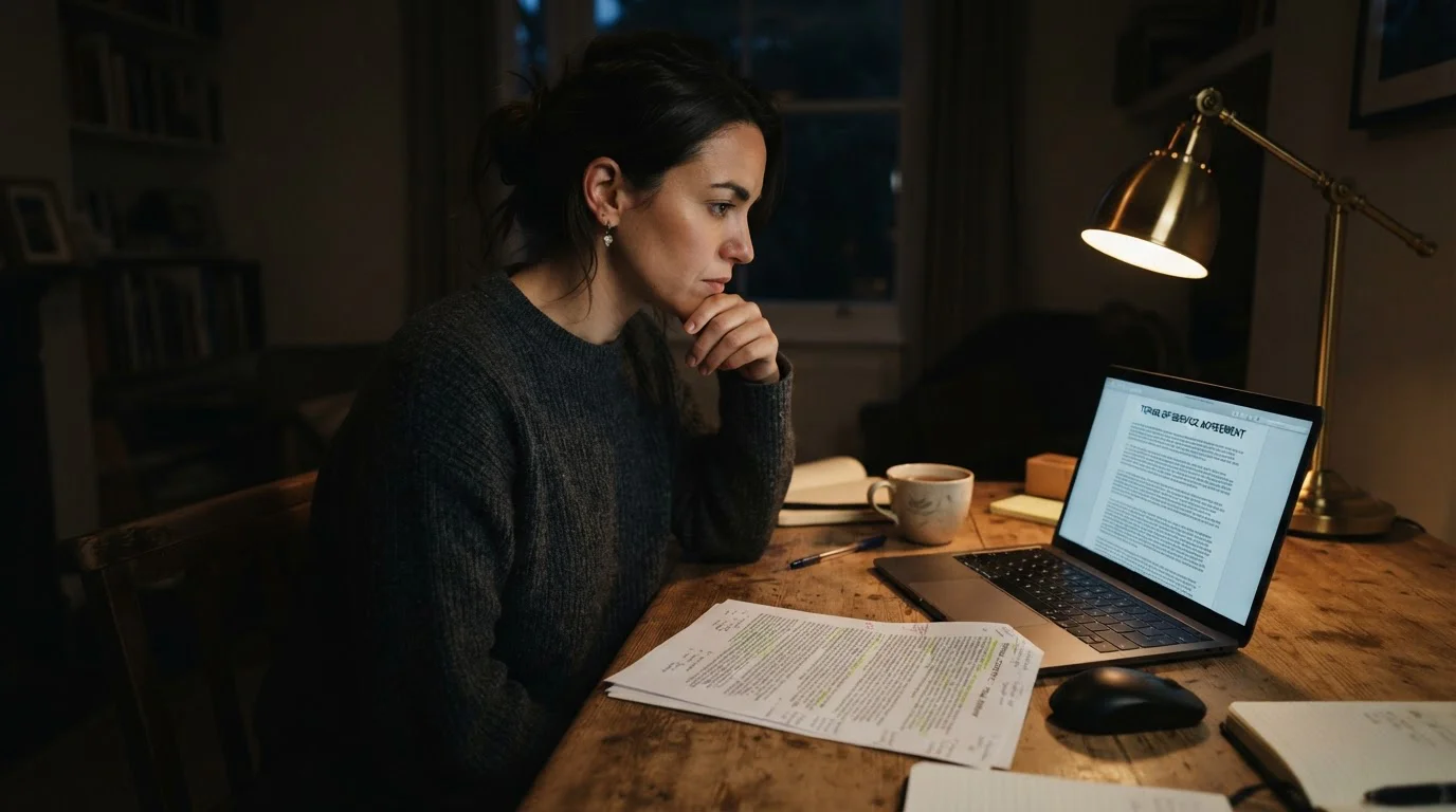 Hráč u notebooku pročítá obchodní podmínky krypto kasina s drobným písmem