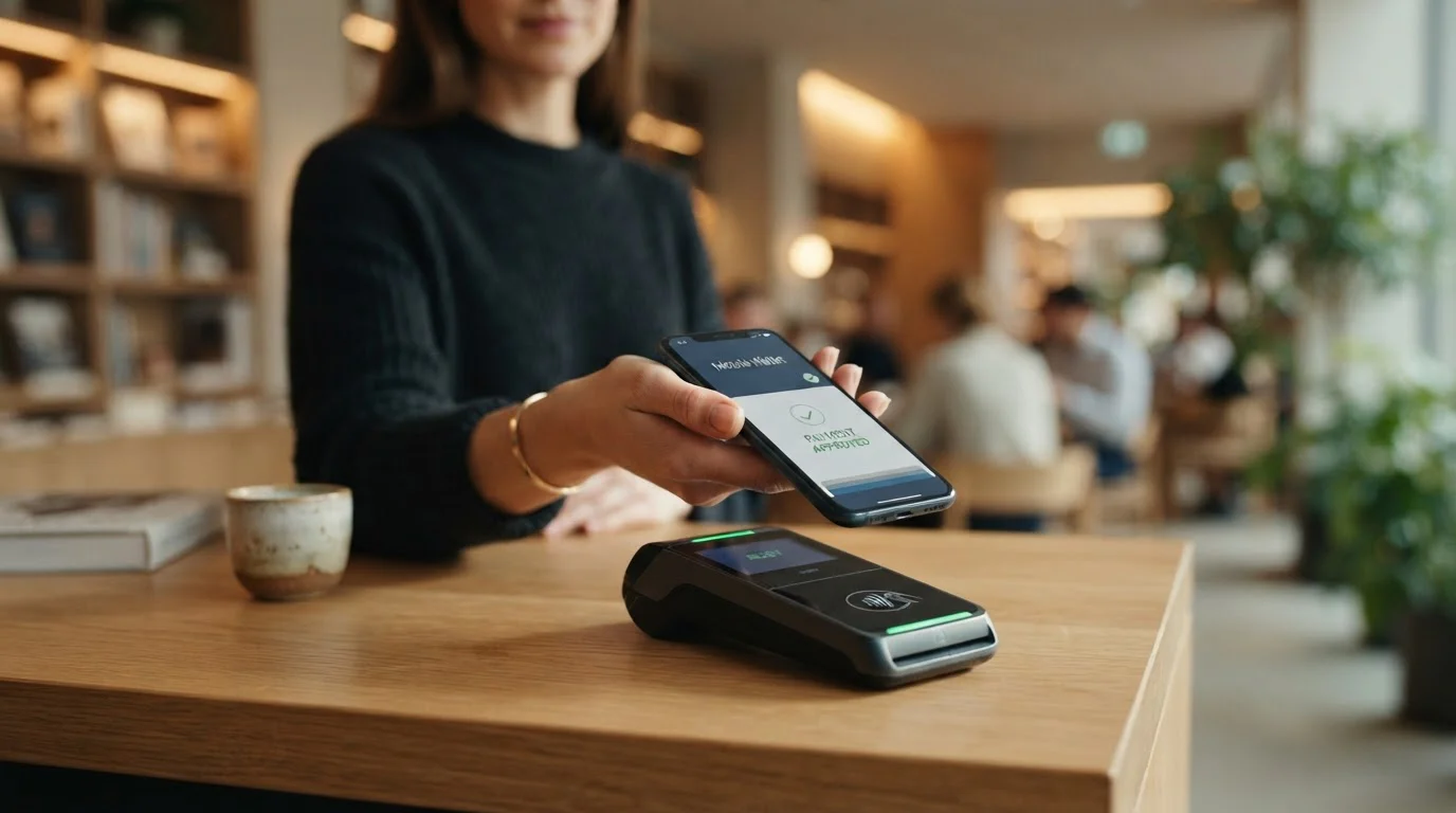 Osoba přikládá telefon s mobilní peněženkou k platebnímu potvrzení
