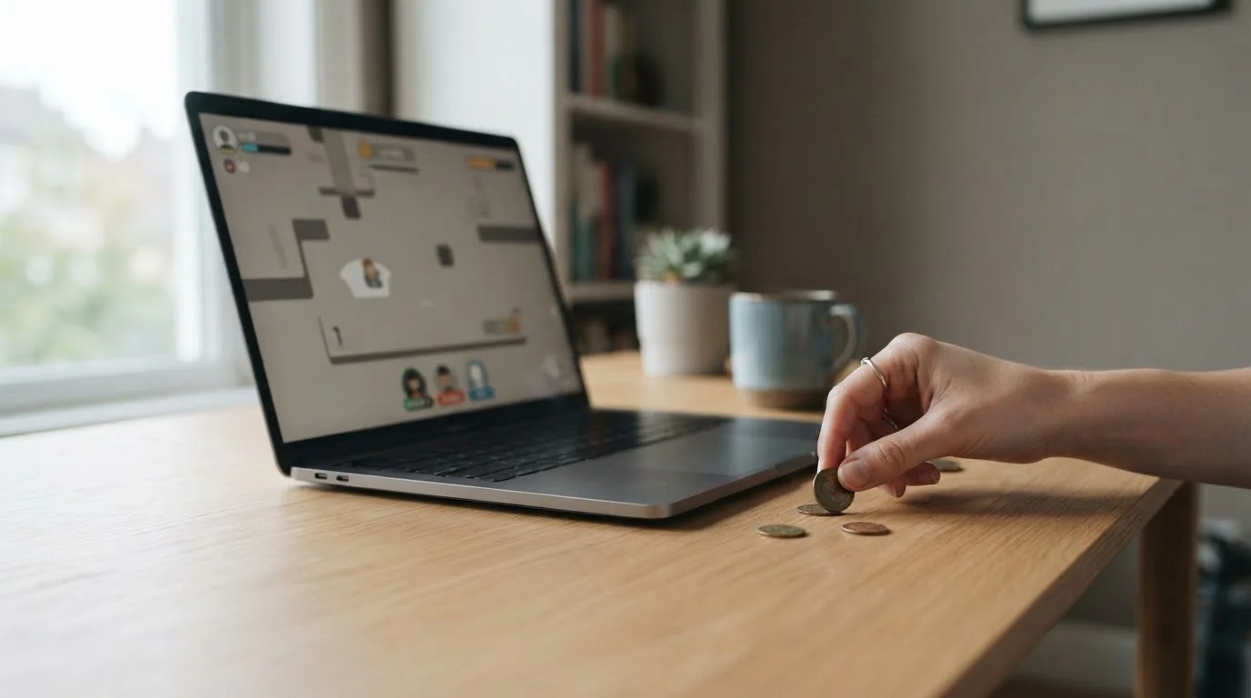 Ruka vkládá minci k notebooku s otevřeným online casinem na stole