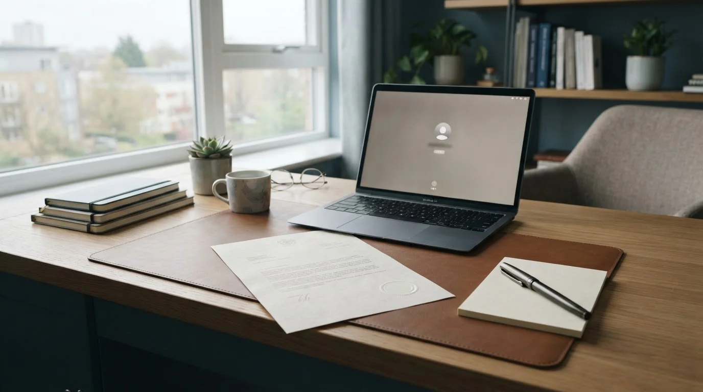 Úřední dokument s razítkem a otevřený notebook s přihlašovací obrazovkou