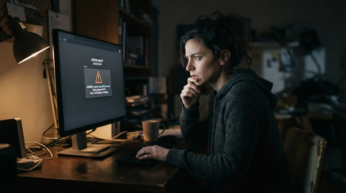 Varovný signál u pochybného webu online kasina na monitoru počítače