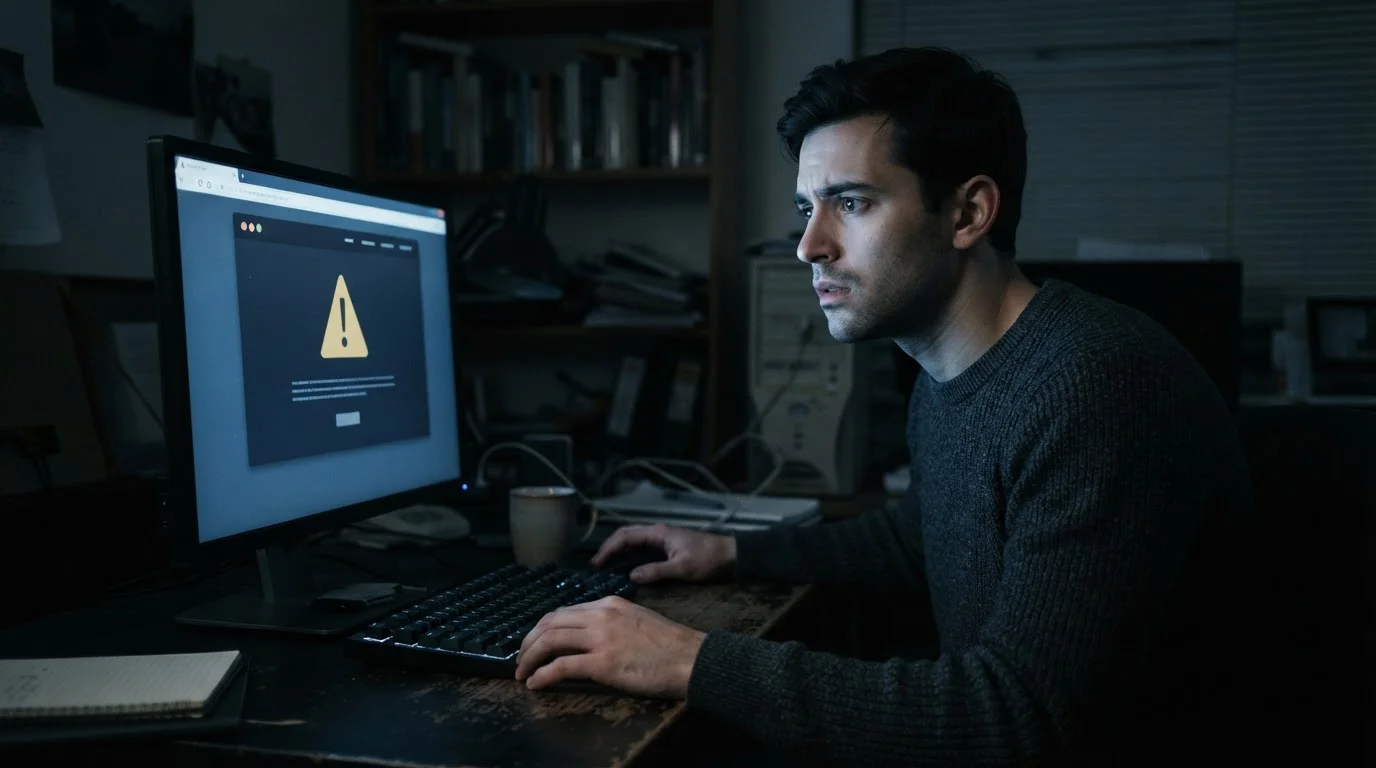 Varovný signál u pochybného webu online kasina na monitoru