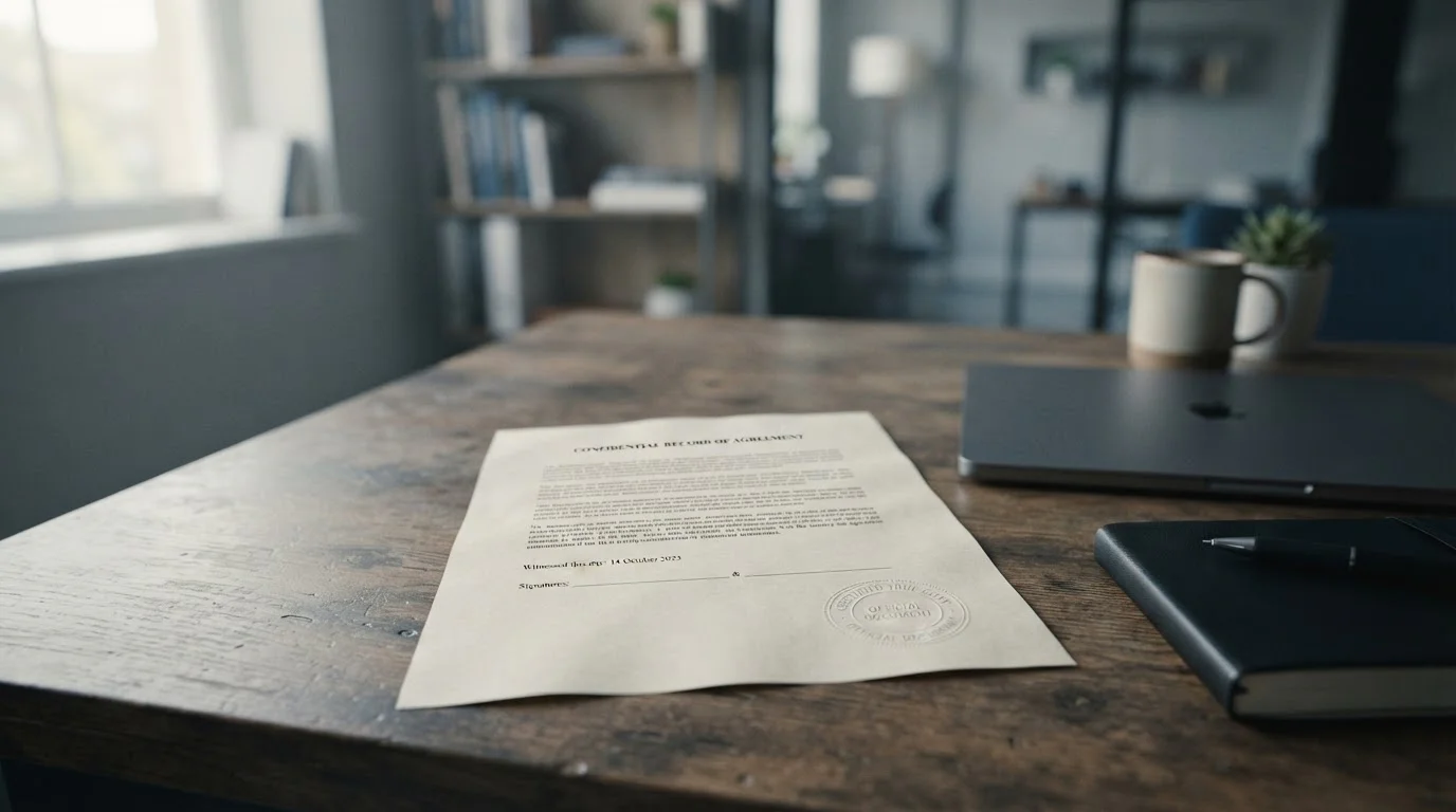 Úřední dokument s razítkem a notebook symbolizující licenci a dozor