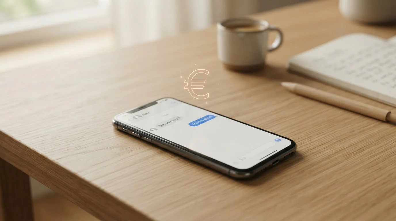 Smartphone s otevřenou zprávou a symbolem měny znázorňující platbu přes mobil