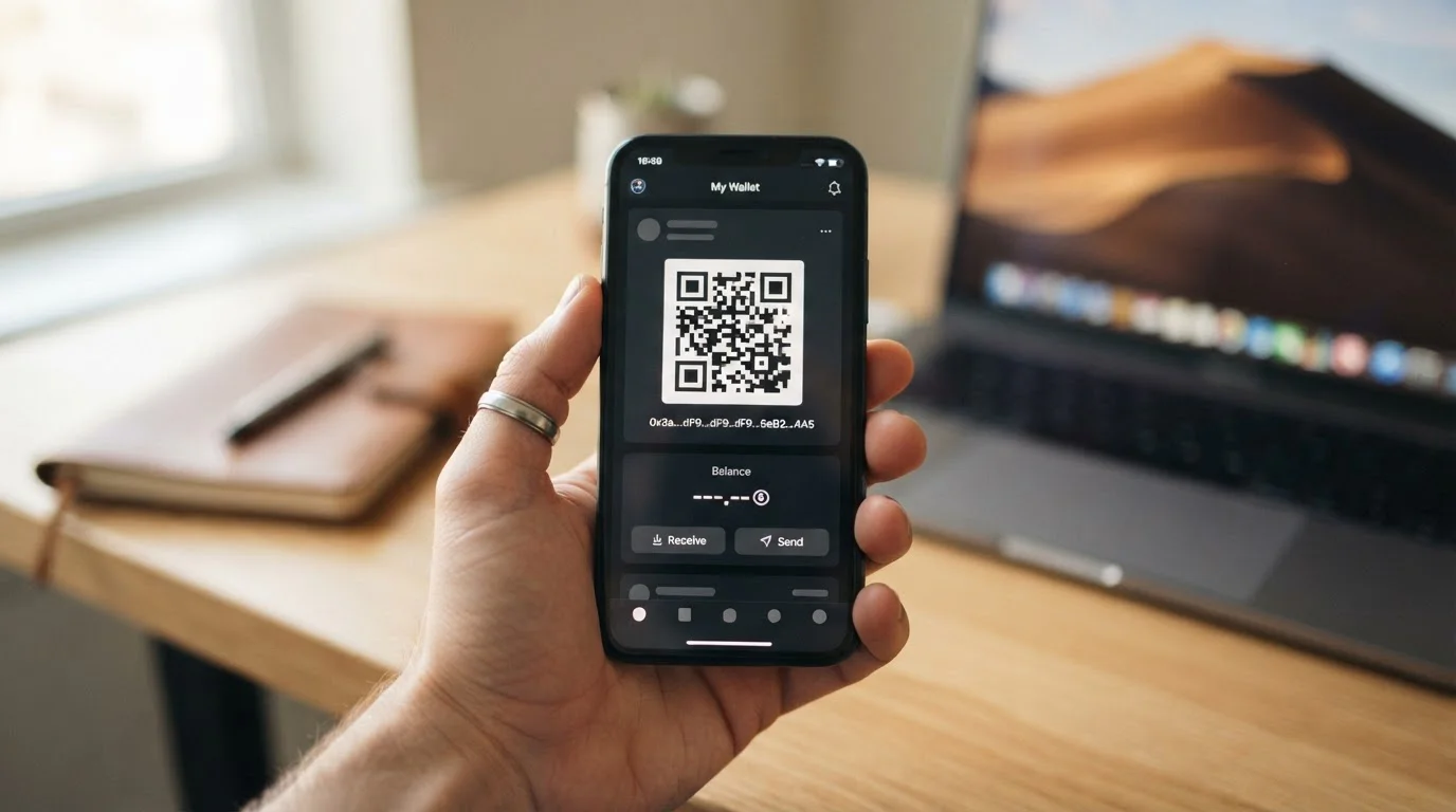 Ruka drží telefon s kryptoměnovou peněženkou při vkladu Ethereum do kasina