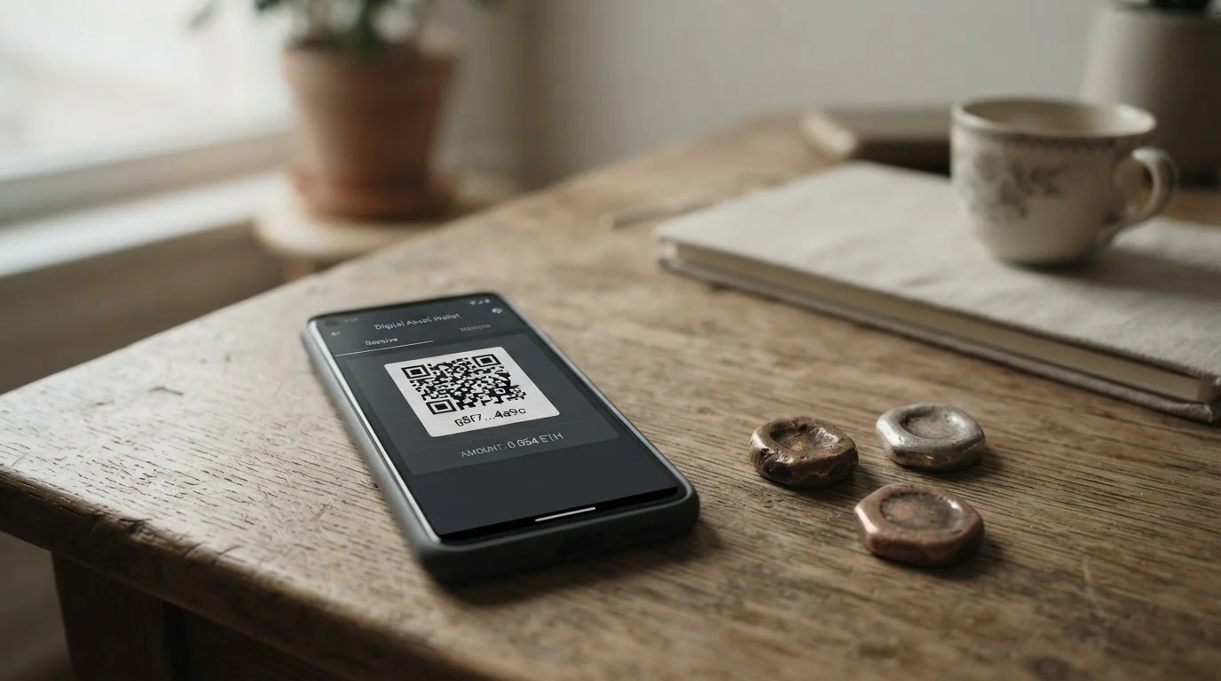 Symbolické mince kryptoměn a obrazovka peněženky s QR kódem pro vklad