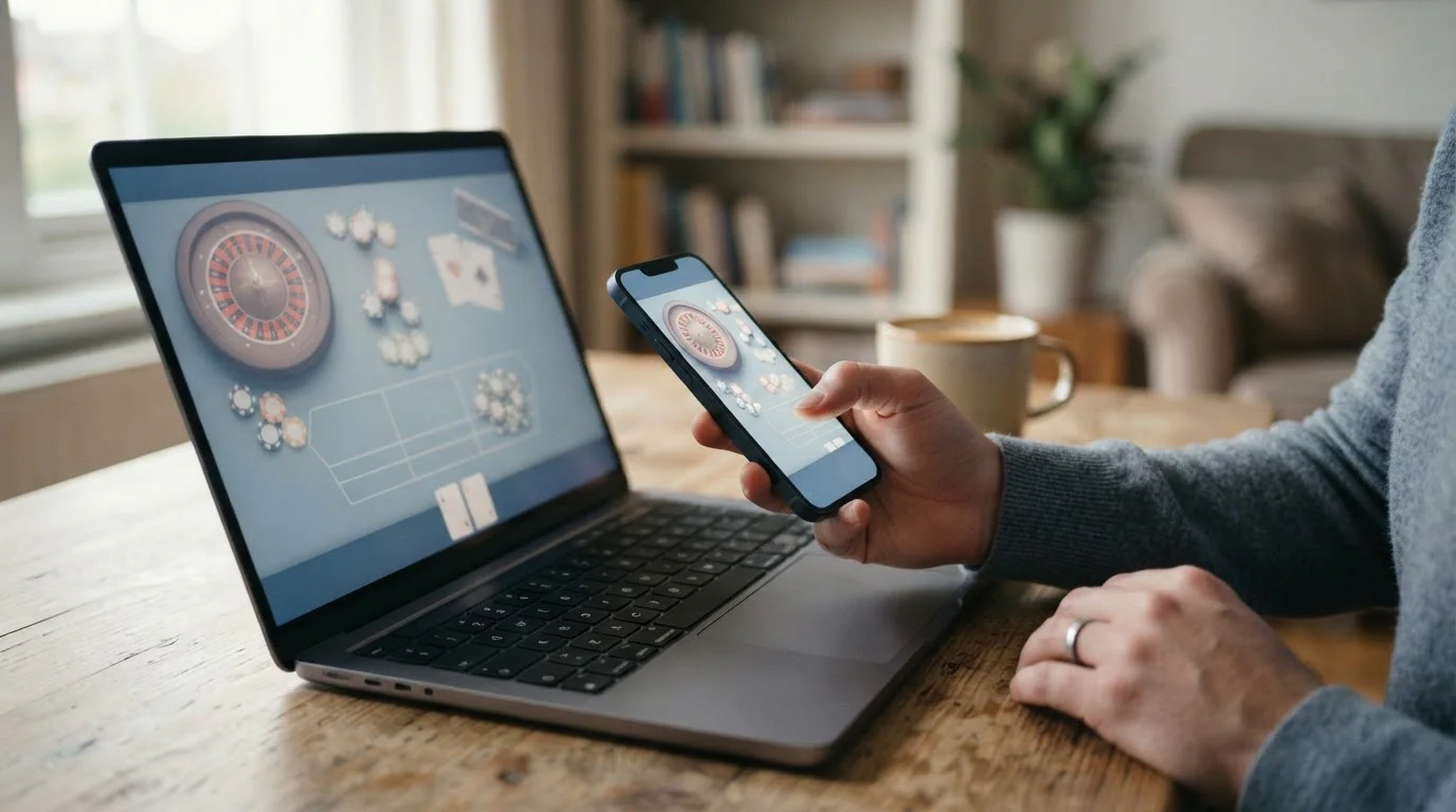Ruka drží mobilní telefon nad notebookem s otevřeným online kasinem