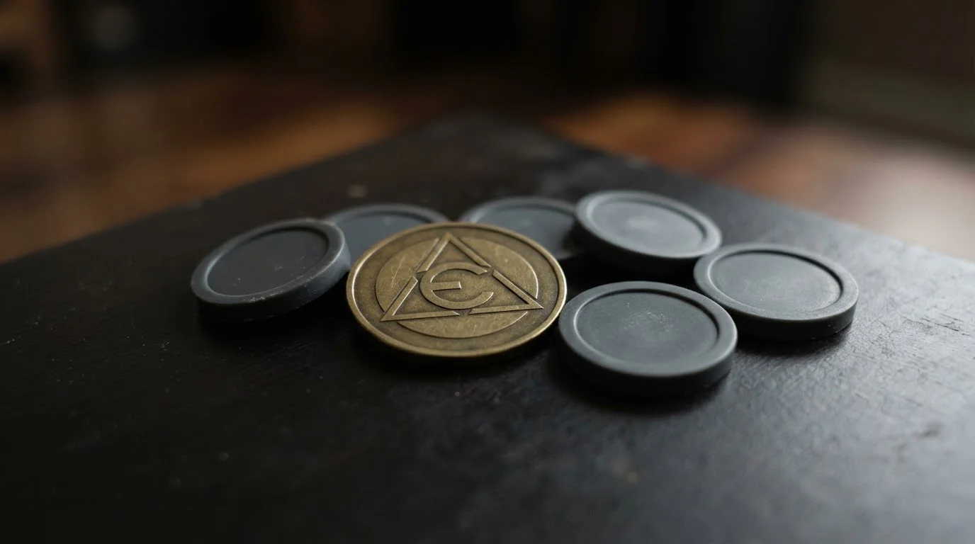 Drobné žetony bez označení hodnoty vedle symbolu kryptoměny na stole