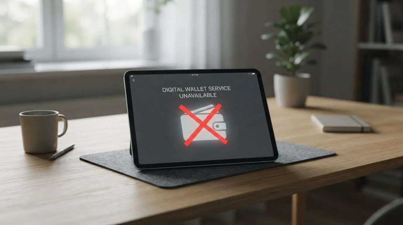 Přeškrtnutý symbol digitální peněženky naznačující nedostupnou platební metodu