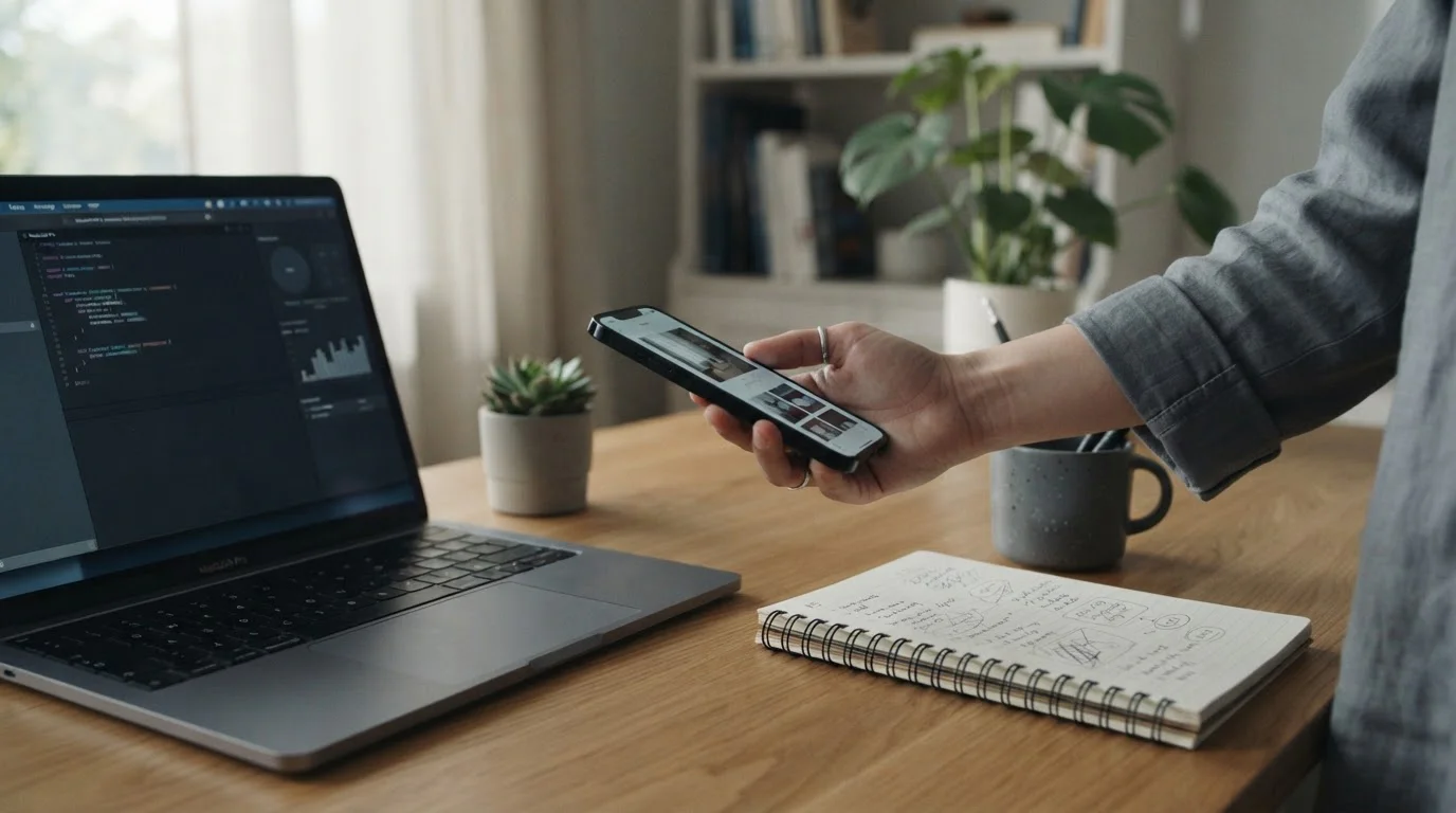 Ruka drží telefon nad stolem s notebookem a poznámkami o platbách v online kasinu