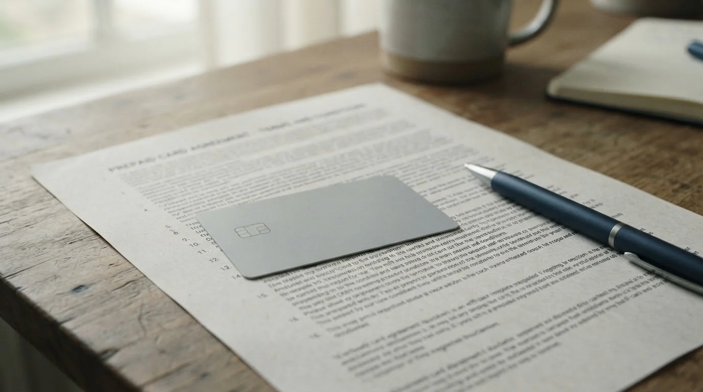 Předplacená platební karta položená na dokumentu s podmínkami bonusu