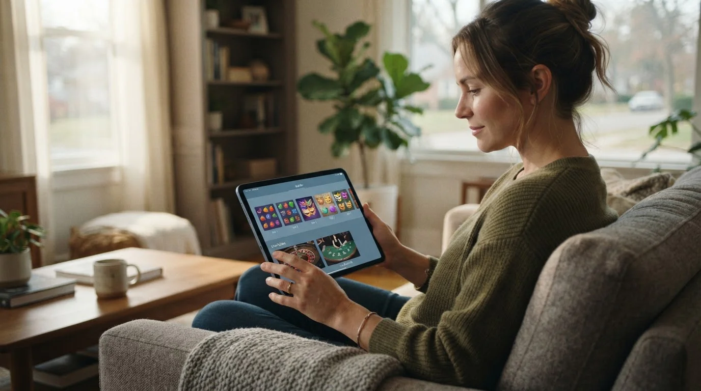 Hráč prohlíží nabídku automatů a živého casina na tabletu