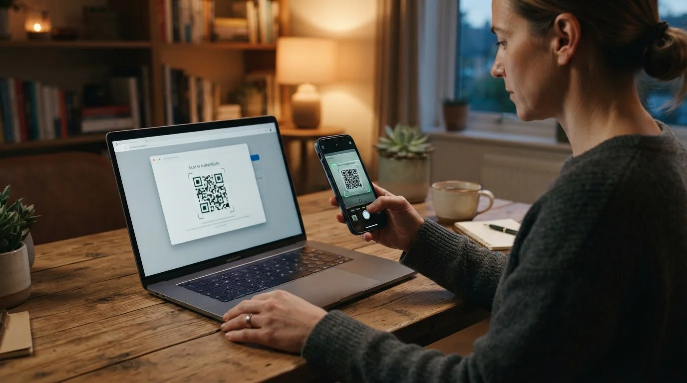 Osoba skenuje telefonem QR kód zobrazený na obrazovce notebooku, klidná domácí scéna u stolu