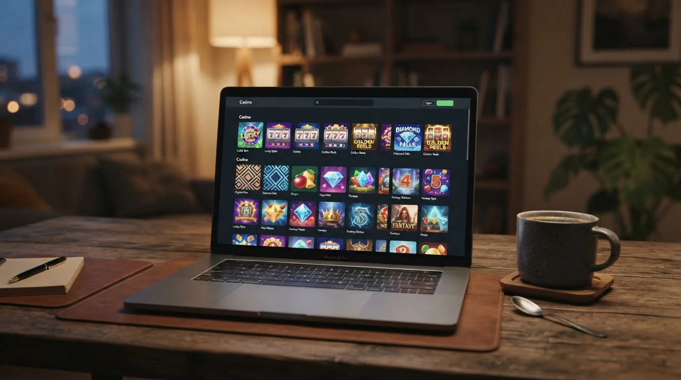 Notebook zobrazující nabídku online casina s automaty a živými stoly