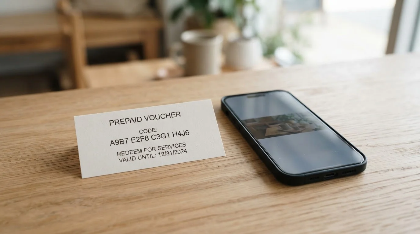 Předplacený papírový voucher s kódem vedle mobilního telefonu na světlém stole