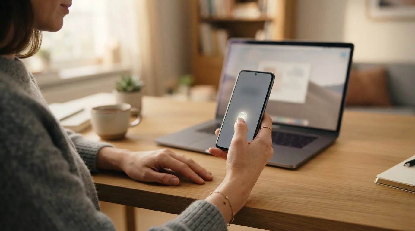 Osoba potvrzuje mobilní platbu v telefonu otiskem prstu u stolu s notebookem