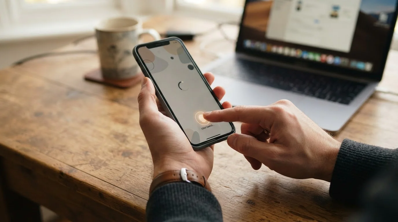 Chytrý telefon potvrzující platbu otiskem prstu vedle notebooku na stole