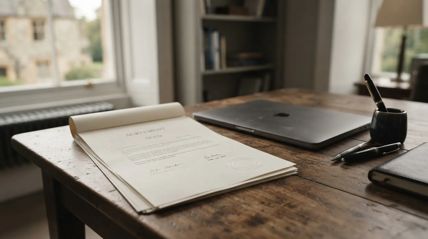 Úřední dokument s razítkem položený na stole vedle notebooku s neutrální obrazovkou