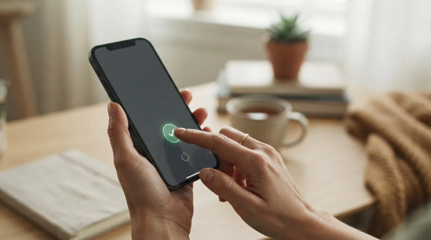 Ruka drží telefon s digitální peněženkou a potvrzuje platbu jedním dotykem