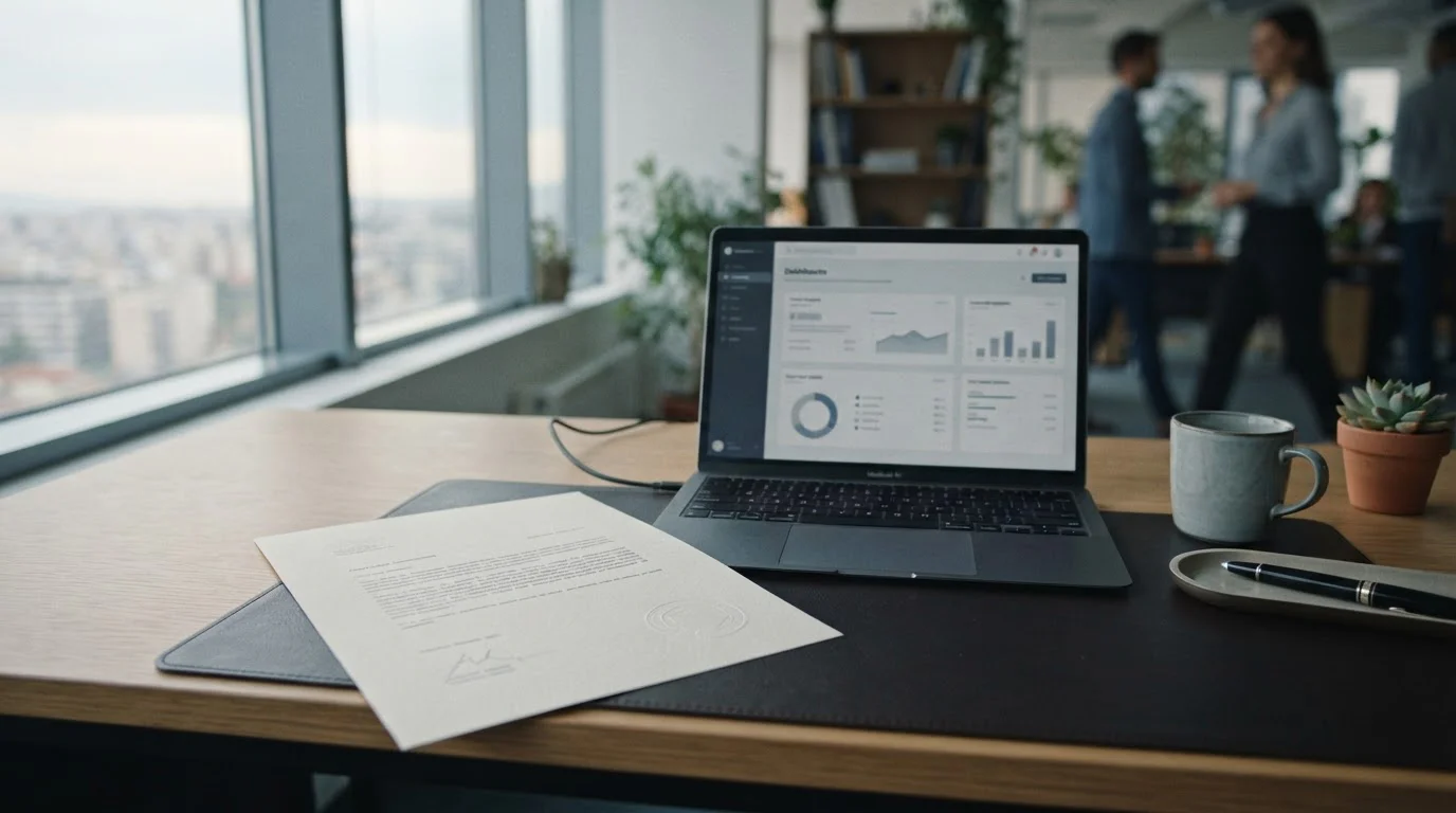 Úřední dokument s razítkem a notebook na pracovním stole symbolizující licenční dozor