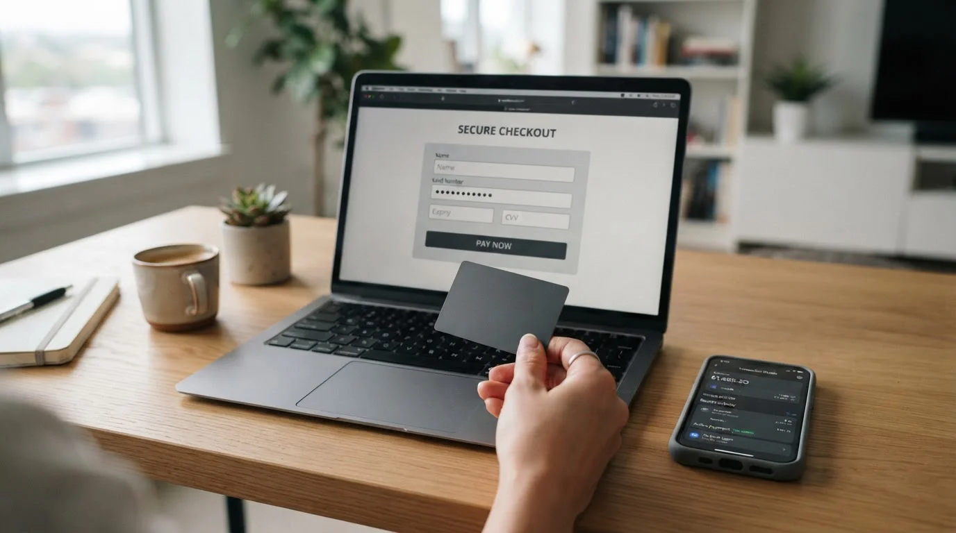 Ruka drží platební kartu u notebooku s otevřenou pokladnou online casina