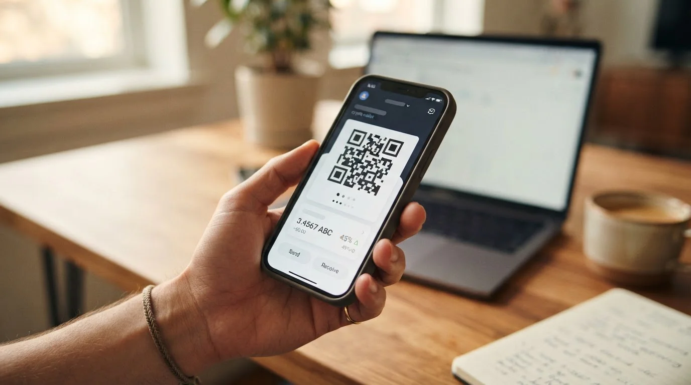 Telefon s krypto peněženkou a QR kódem pro vklad do kasina