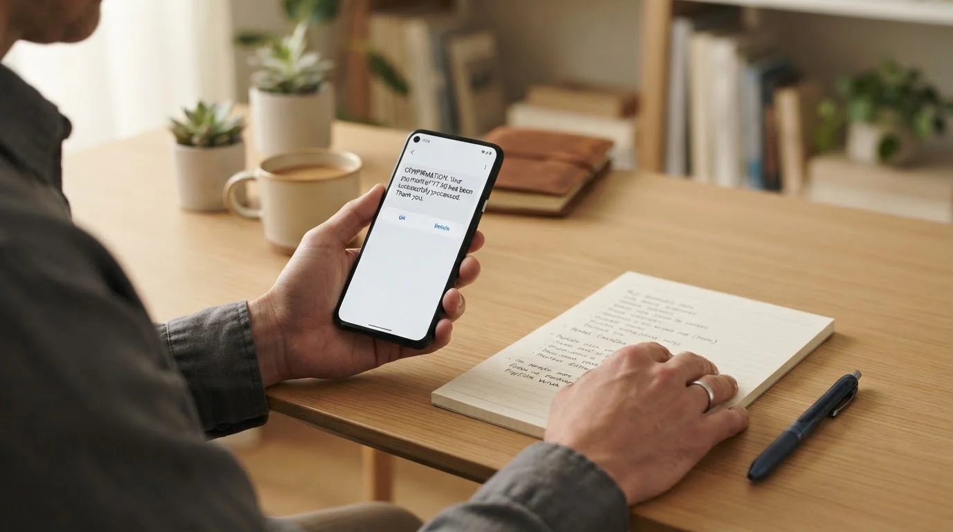 Ruka drží telefon s potvrzovací SMS zprávou pro platbu na mobilní účet