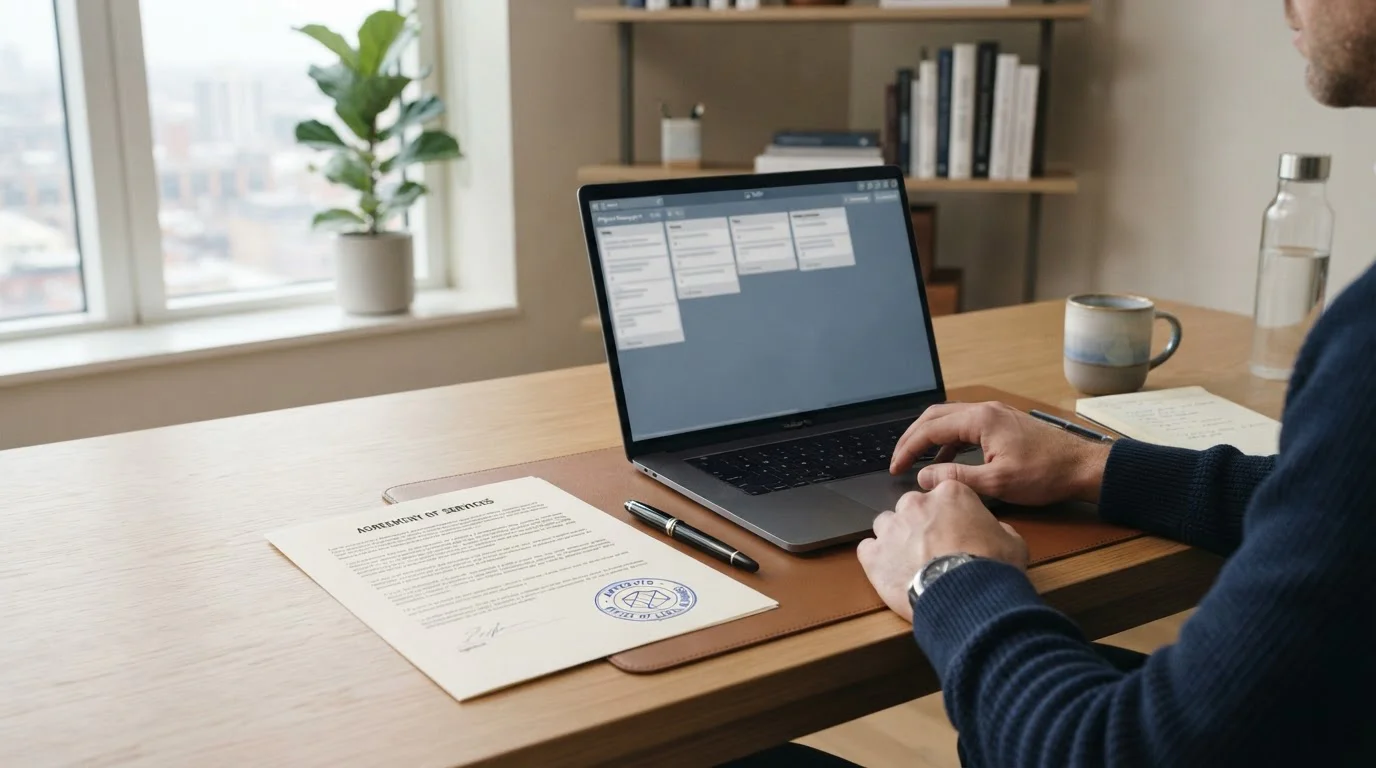 Úřední dokument s razítkem a otevřený notebook na pracovním stole